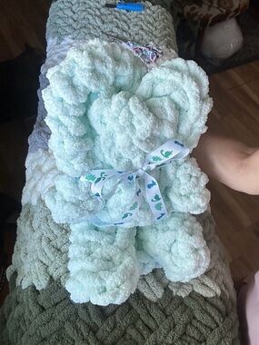 Hand Crafted Plush Light Mint Throw with Decorative Ribbon